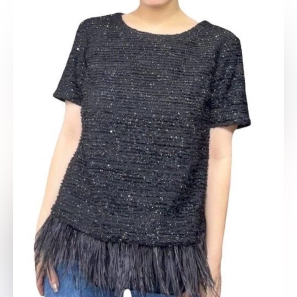 Anthropologie Deletta black bloucle shimmer  feather trim blouse size medium